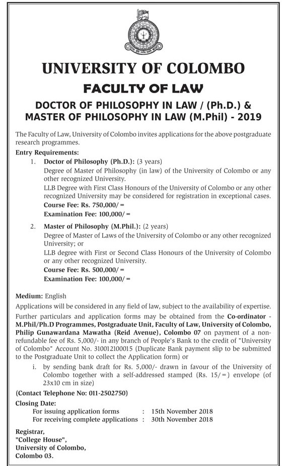 Director of Philosophy in Law, Master of Philosophy in Law - Faculty of Law - University of Law